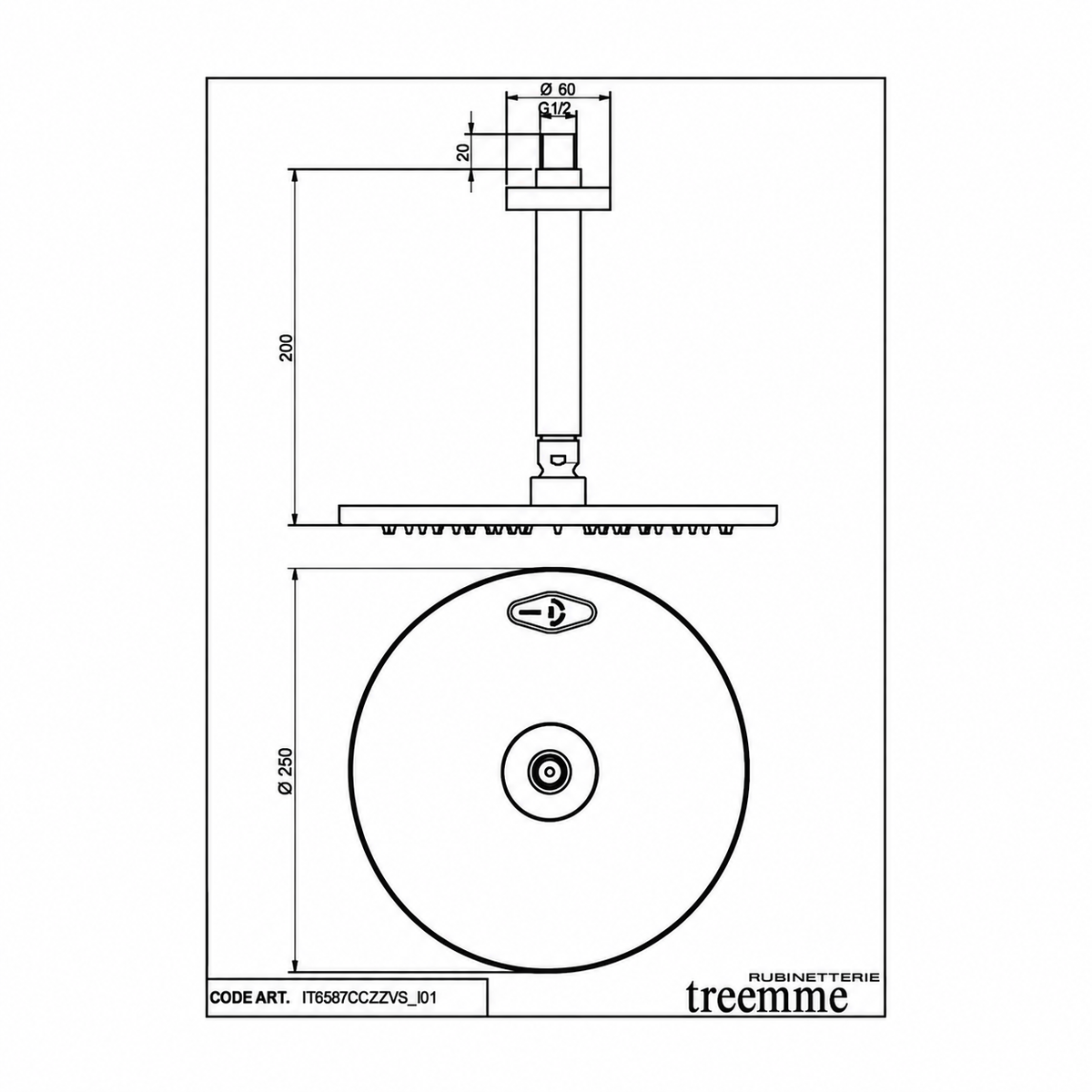 Treemme T30 Hoofddouche Ø 250 mm met Plafondarm – Mat Zwart