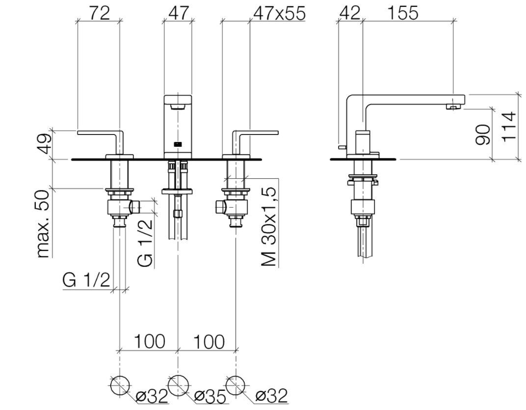 Dornbracht Lulu 3-gats wastafelmengkraan met pop-up afvoergarnituur chroom