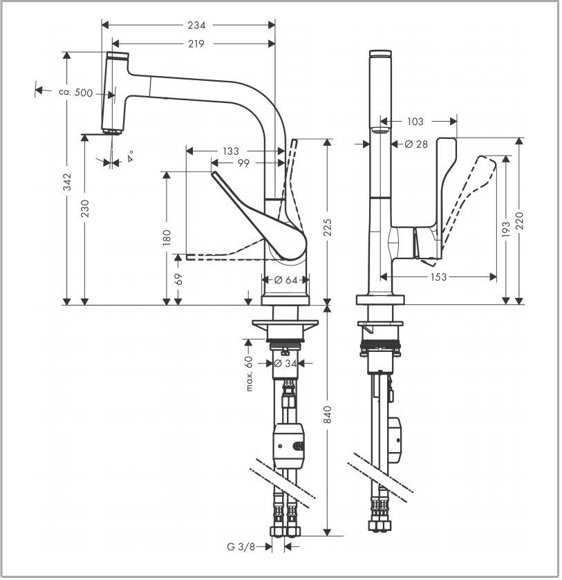 Hansgrohe Axor Citterio ééngreeps keukenmengkraan 230 met uittrekbare uitloop (Brushed Optic Gold PVD)