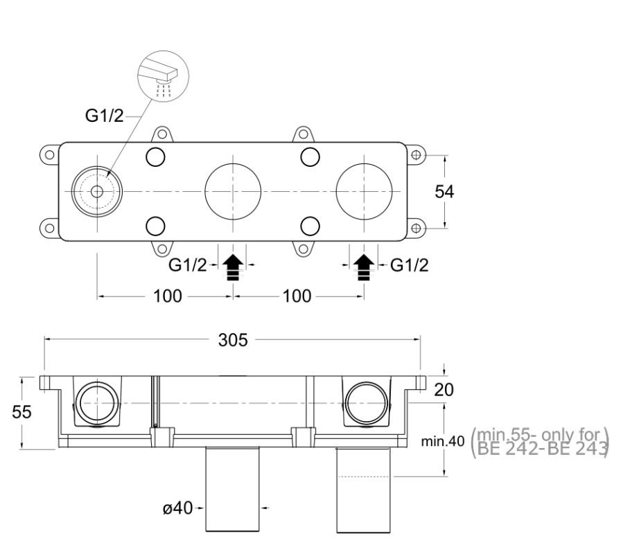 Cristina inbouwdeel-box voor 3-gats wastafelkraan uitloop links