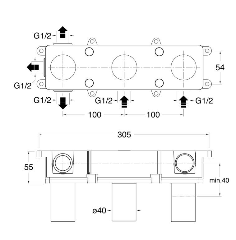 Cristina bad/douchekraan inbouwdeel-box met 2/3 uitgangen