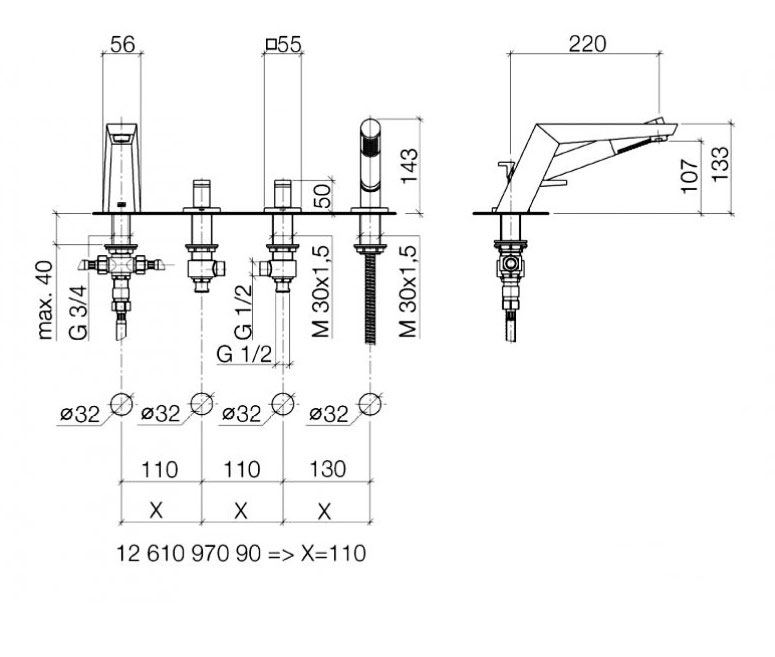 Dornbracht Supernova 4-gats badmengkraan voor badrand- en tegelrandmontage, chroom