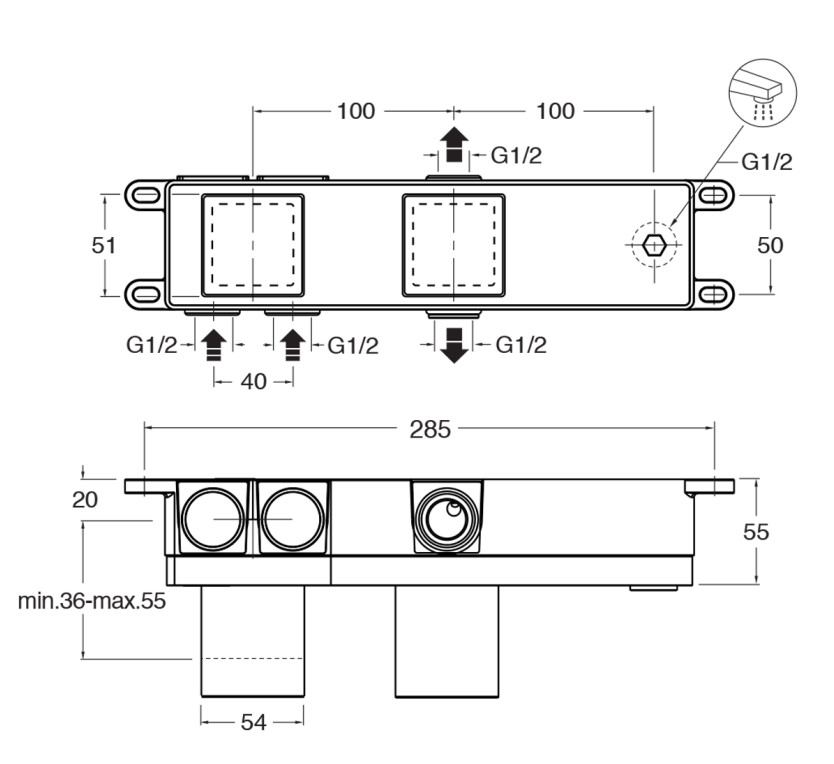 Cristina bad/douchekraan inbouwdeel-box met 2/3 uitgangen