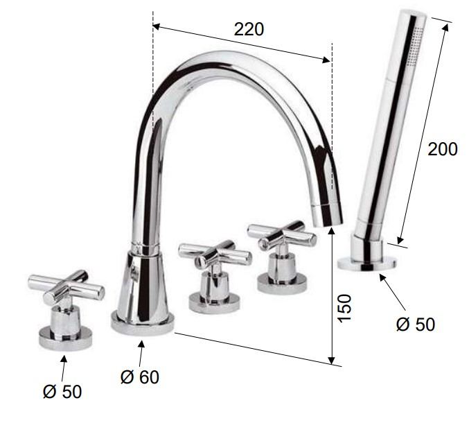 Daniel Rubinetterie Jax 5-gats design badrandkraan combinatie met omstel geborsteld nikkel
