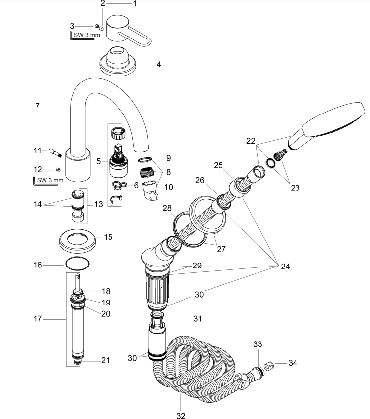 Hansgrohe Axor Uno 3-gats badrandmengkraan afbouwdeel met beugelgreep, geborsteld staal optic