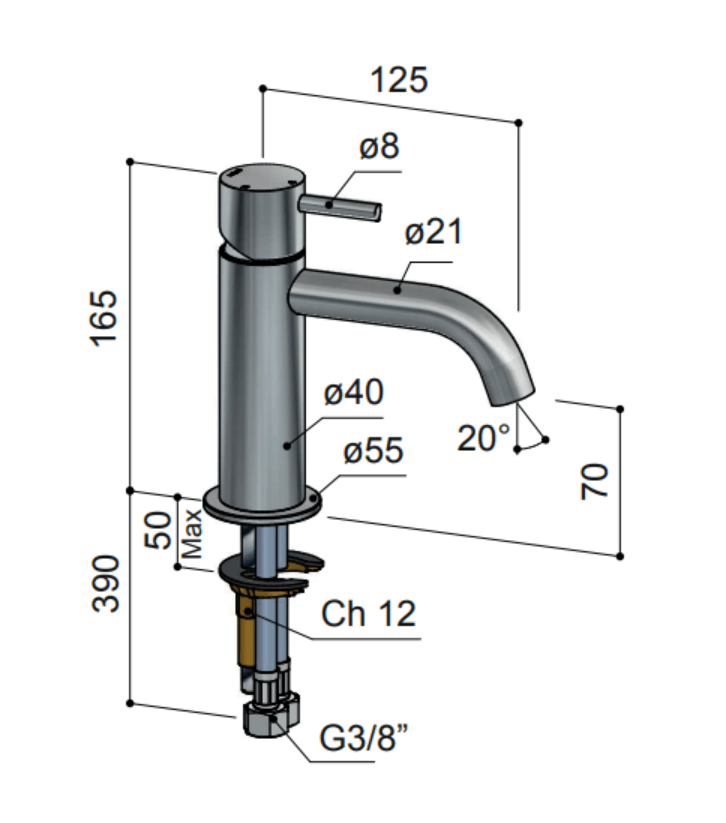 Hotbath Archie wastafelmengkraan zonder waste, RVS 316