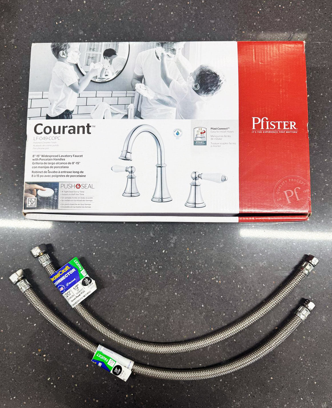 Pfister Courant 2-greeps drie gats klassieke wastafelkraan met Push & Seal-afvoer