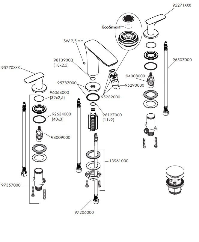 Hansgrohe PuraVida 3-gats wastafelkraan met push open garnituur (wit/chroom)
