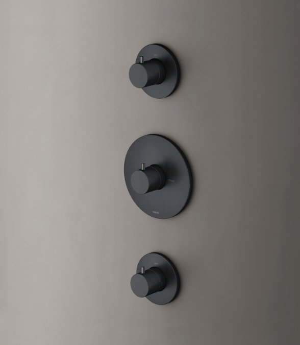 Hotbath Cobber CB007EXT afbouwdeel voor inbouw thermostaat met 2 stopkranen Mat Zwart met chromen pinnen (model 2019)