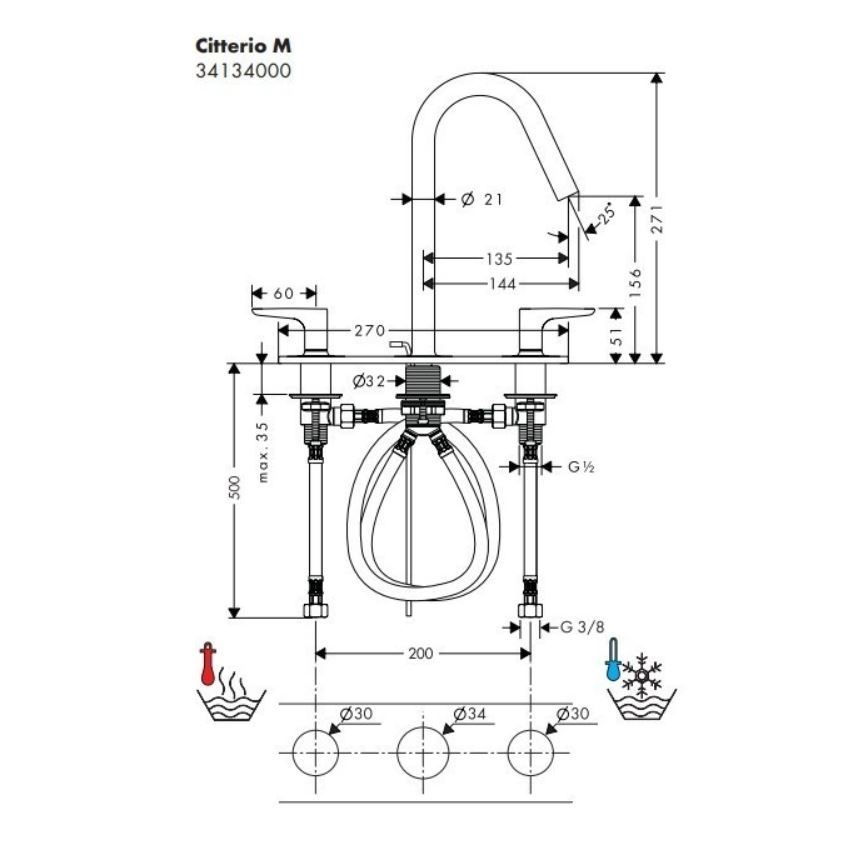 Hansgrohe Axor Citterio M 3-gats wastafelkraan met plaat met waste chroom