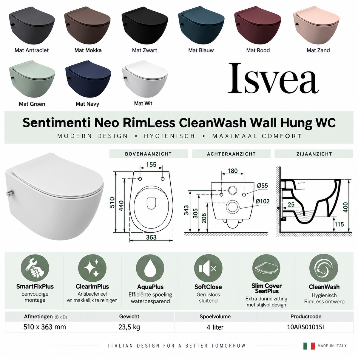 Isvea Sentimenti NEO CleanWash wandcloset, toilet randloos uitgevoerd met geïntegreerde koudwaterkraan
