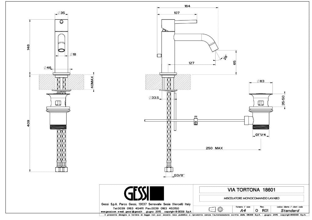 Gessi Via Tortona ééngreeps wastafelmengkraan met waste, black metal