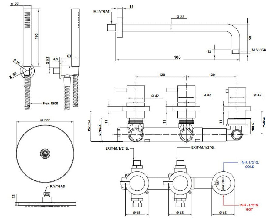 Bongio Squadra met Thermostaatkraan met Losse Stopkranen, Douchearm en Handdoucheset Mat Zwart
