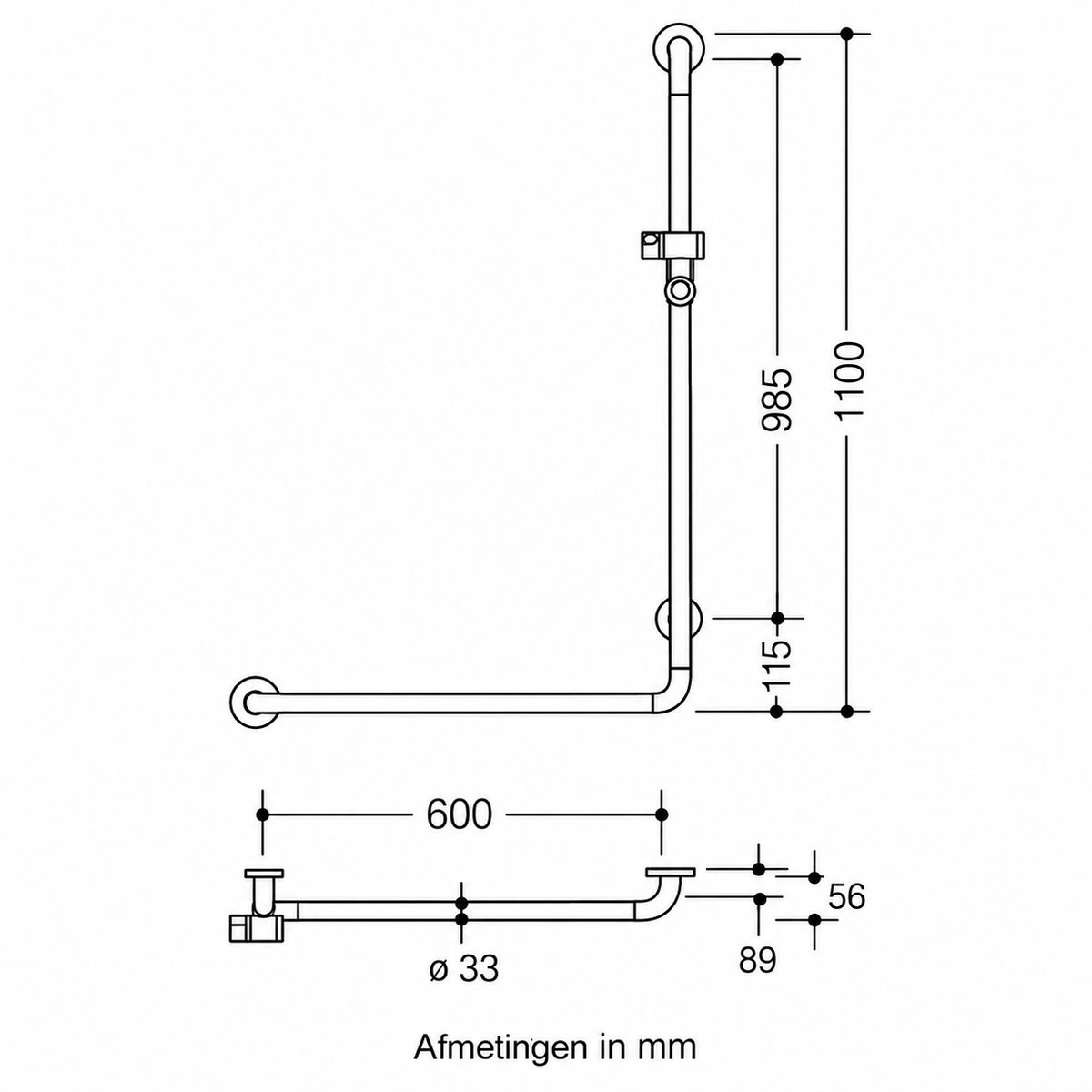 HEWI Serie 801 hoeksteun met douchekophouder, 1100 × 600 mm, Diepzwart