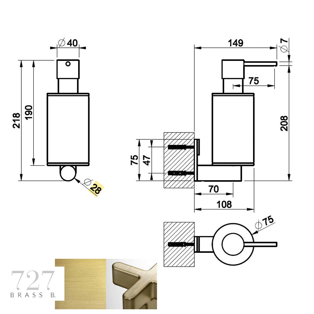Gessi 316 wandgemonteerde dispenser voor vloeibare zeep, geborsteld messing PVD