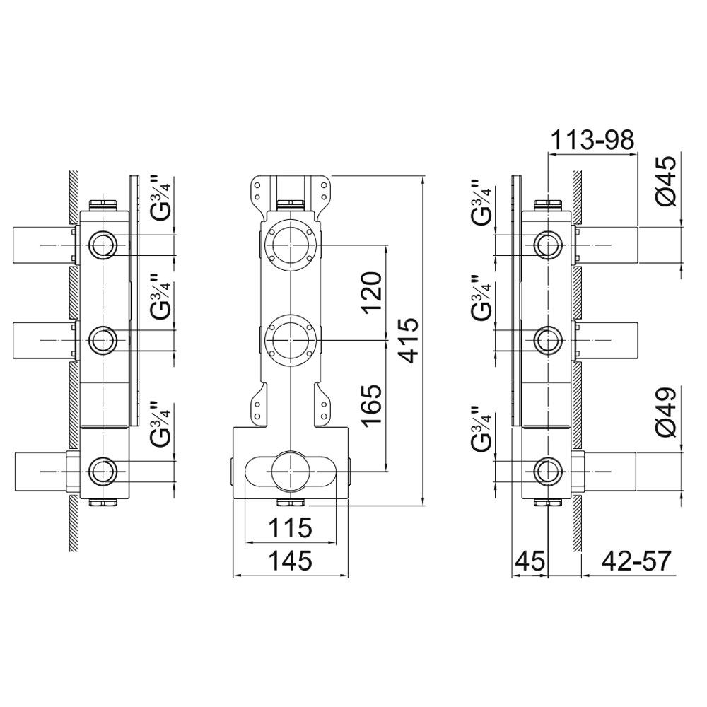 Fantini thermostatische douchemengkraan verticaal inbouwdeel 3-weg