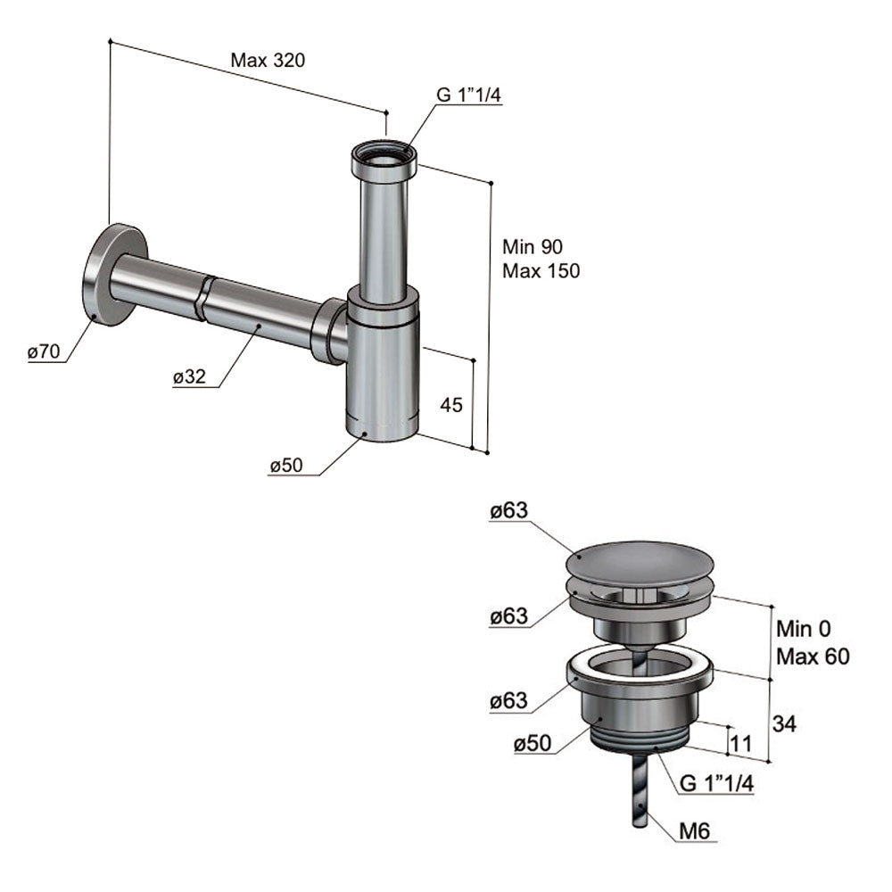Hotbath P034 fontein sifon rond + P708 niet-afsluitbare plug, Geborsteld gunmetal PVD