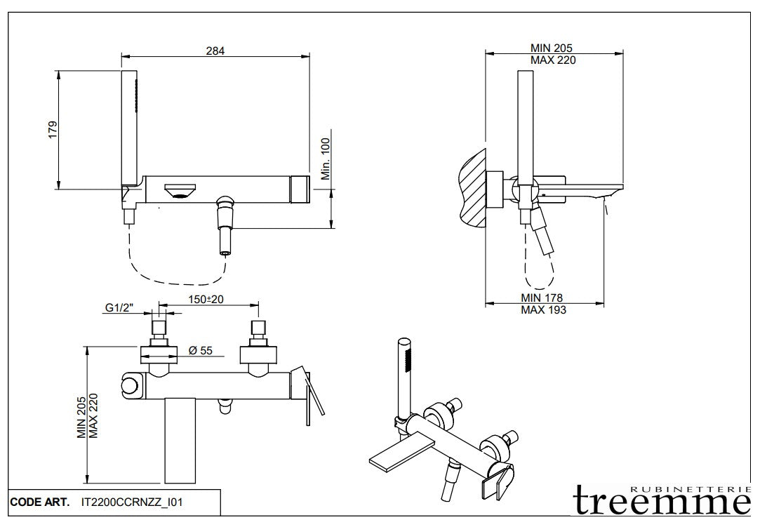 Treemme Ran 1-greeps opbouw design badmengkraan met omstel en douchegarnituur, mat zwart
