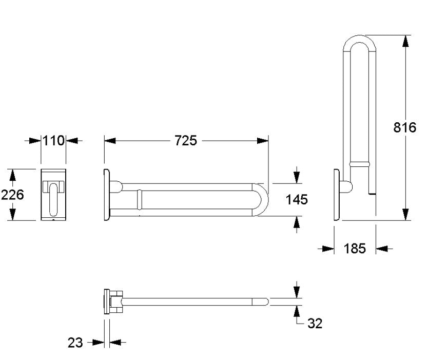 Normbau Inox Care Opklapbare muursteun vario met grondplaat L = 725 mm, geborsteld RVS