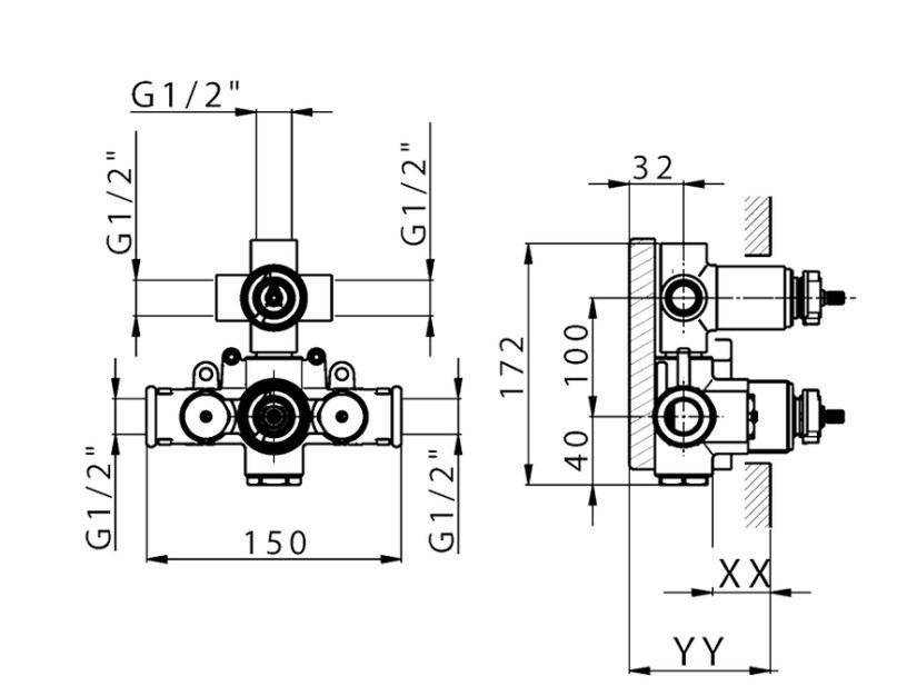 Huber Tratto thermostaat inbouw doucheset 3-weg met side body spray's, chroom