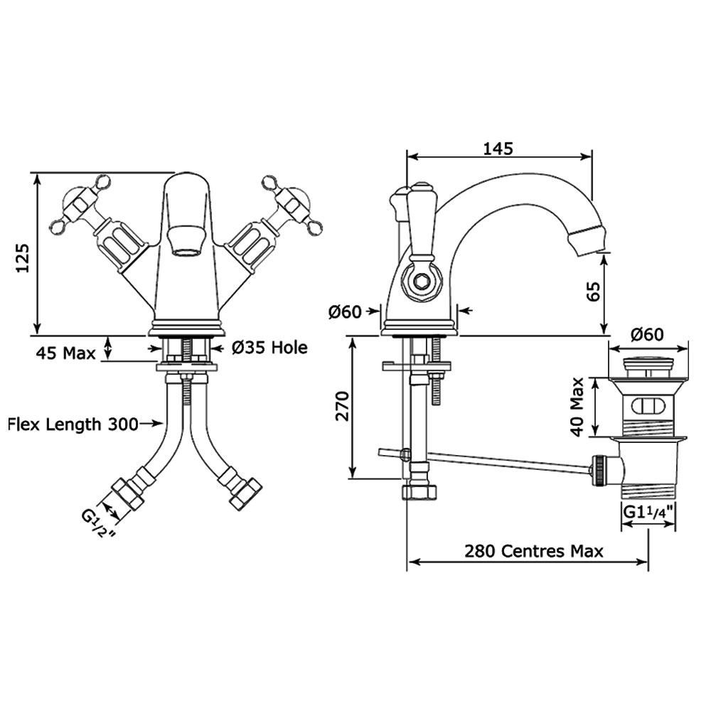 Perrin & Rowe traditional 1-gats wastafelkraan met kruisgrepen en waste inrichting, mat nikkel