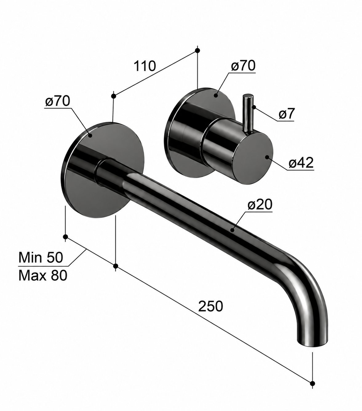 Hotbath Cobber CB005EXT wastafelmengkraan afbouwdeel met 25 cm uitloop, Zwart Chroom