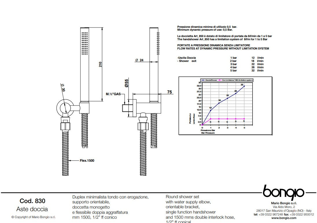 Bongio Round Wellness Duplex handdouche set met doucheslang en wanduitlaat, geborsteld mat nikkel