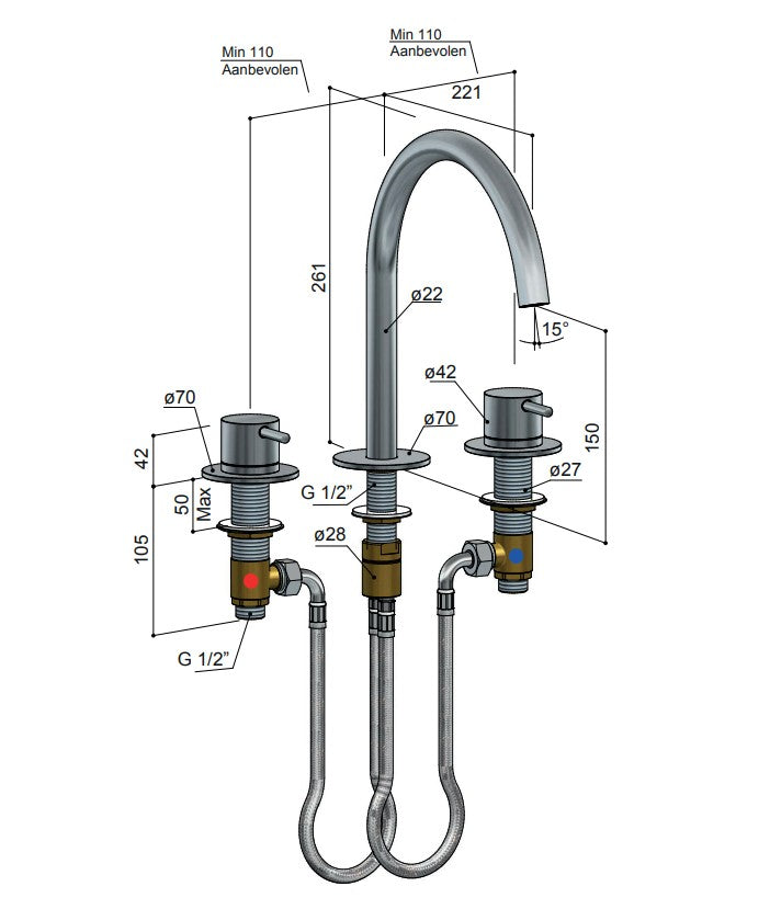 Hotbath Cobber CB033 3-gats wastafelkraan geborsteld nikkel
