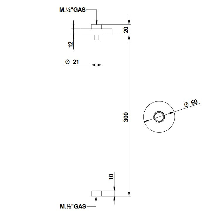 Bongio universeel plafondbevesting, douchearm, plafonduitloop lengte 30 cm, mat nikkel