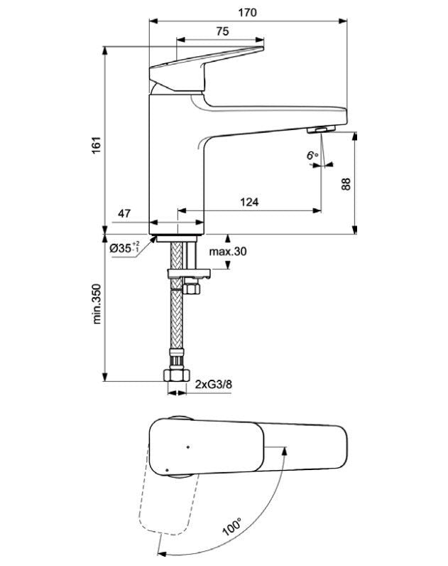 Ideal Standard CeraPlan Wastafelkraan Grande, BlueStart, Chroom