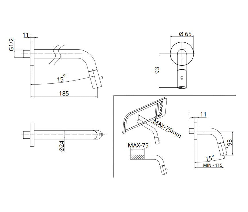 Bongio Squadra wand fonteinkraan inkortbaar, mat wit