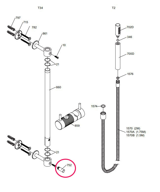 Vola T34-16 glijstangset met handdouche T2 en metalen doucheslang 1500 mm, totale lengte 630 mm, chroom