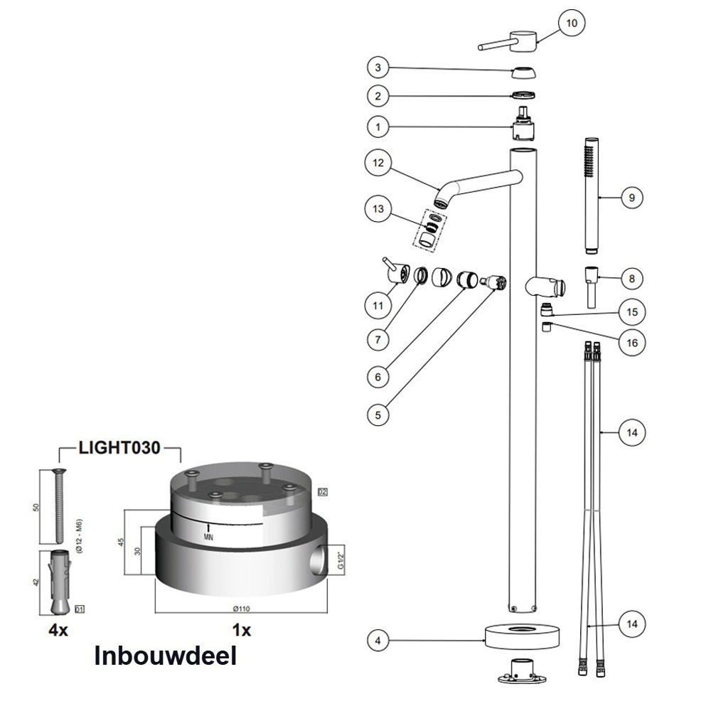 Paffoni Light Vrijstaande bad/douchemengkraan met omsteller en handdouche (inclusief inbouwdeel art. LIG030) mat zwart