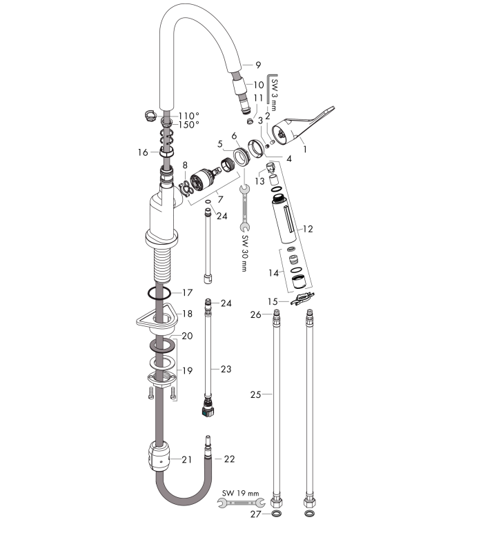 Hansgrohe AXOR Citterio Eengreeps keukenmengkraan 250 met uittrekbare sproeikop Geborsteld Messing