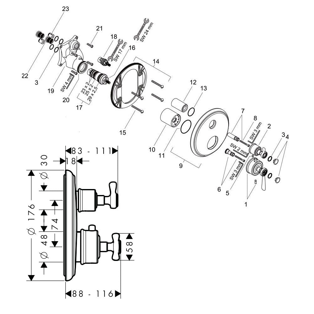 Hansgrohe Axor Montreux thermostaat afbouwdeel met rechte greep en stopkraan, chroom