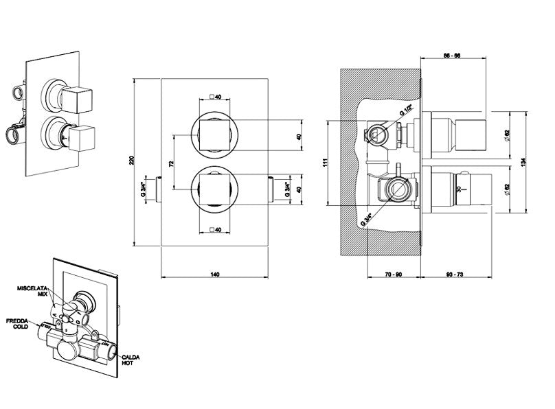 Gessi Rettangolo inbouw douchthermostaat afbouw + inbouwdeel 2-weg, chroom
