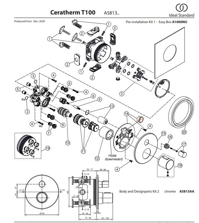 Ideal standard CeraTherm T100 thermostaat met stopkraan voor 1 functie compleet set mat zwart