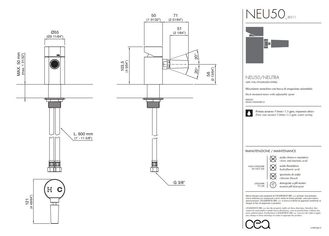 Cea Design Neutra NEU50S opbouw wastafelkraan RVS