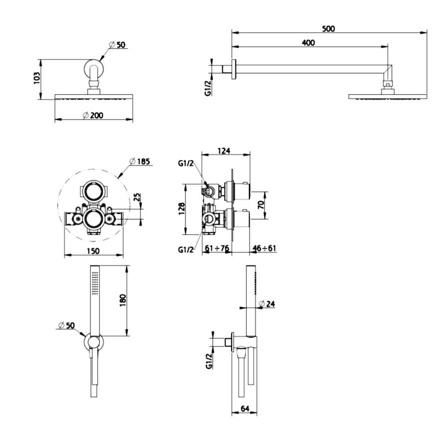 Salenzi Giro compleet inbouw set 2-weg douche thermostaat hoofddouche Ø 400 mm mat zwart