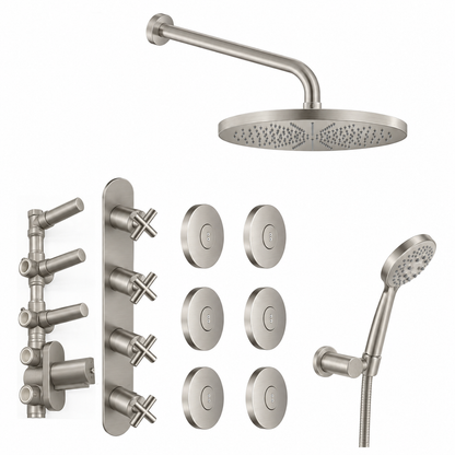 Hotbath Chap inbouwthermostaat doucheset met 3 stopkranen, 6 Bodyjets Twist, met wandbevestiging hoofddouche 25 cm, geborsteld mat nikkel