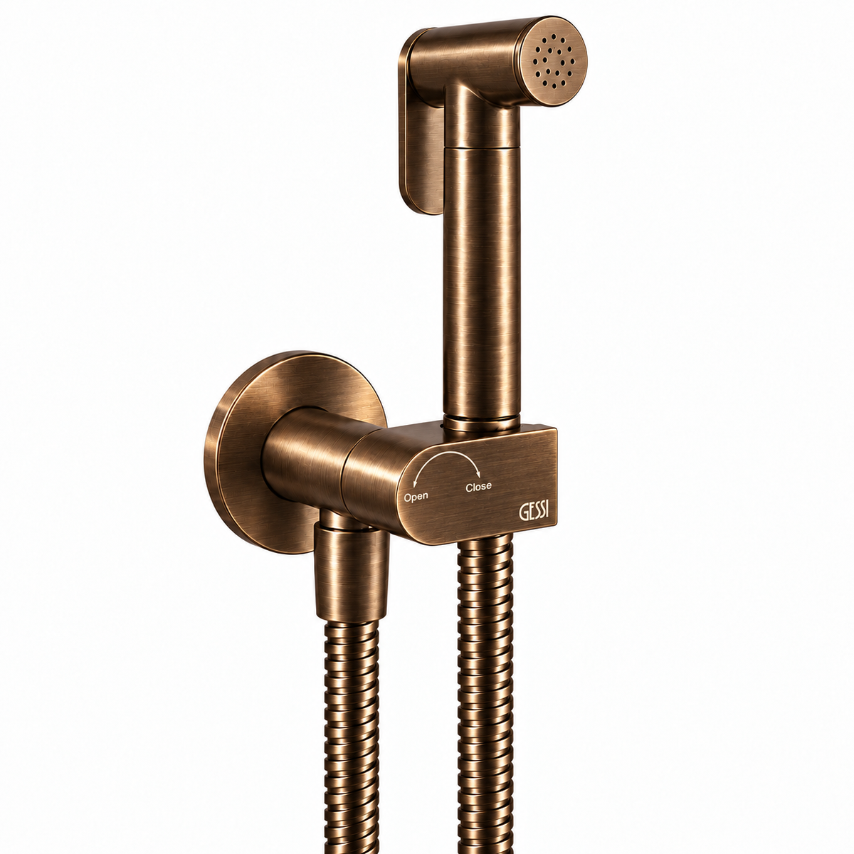 Gessi Tondo bidetdouche met drukknop, afsluitfunctie, veiligheidsventiel en 1/2" aansluiting, in geborsteld koper PVD