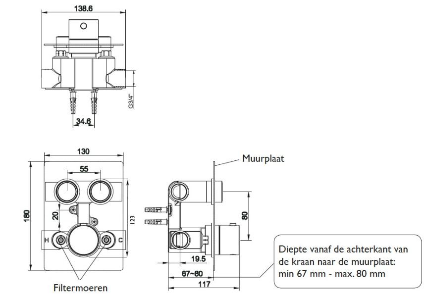 Wiesbaden Caral Klik luxe design thermostaat inbouwset 2-weg, RVS