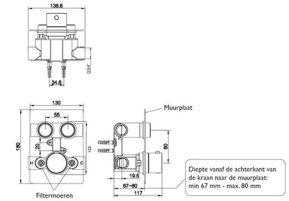 Wiesbaden Caral Klik luxe design thermostaat inbouwset 2-weg, RVS