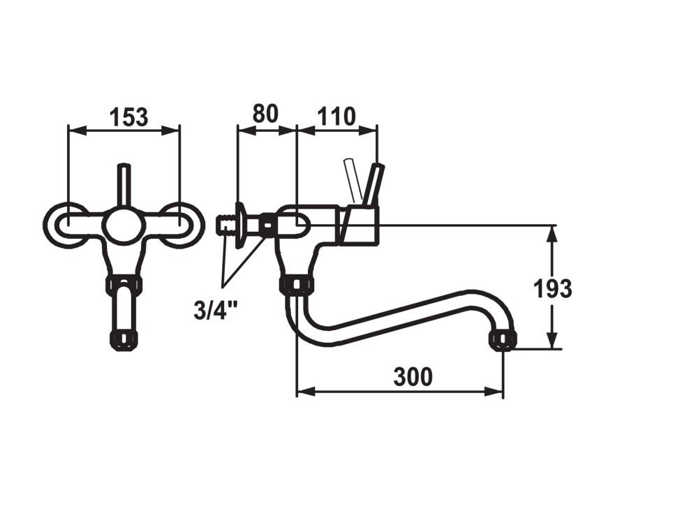 KWC Gastro ééngreeps keukenwandmengkraan met uitloop van onderen voor professionele keukens, sprong 30 cm