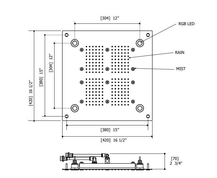 MGS Aquademy luxe inbouw plafonddouche 420x420mm met Led chromotherapie in gepolijst roestvrij staal