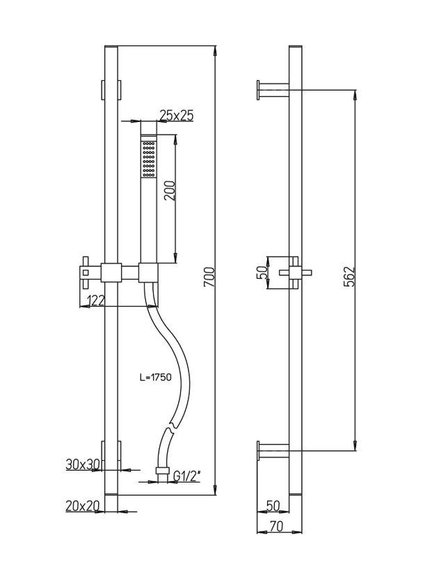 Paini P6 viekant design glijstangset met handdouche en doucheslang chroom