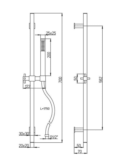 Paini P6 viekant design glijstangset met handdouche en doucheslang chroom