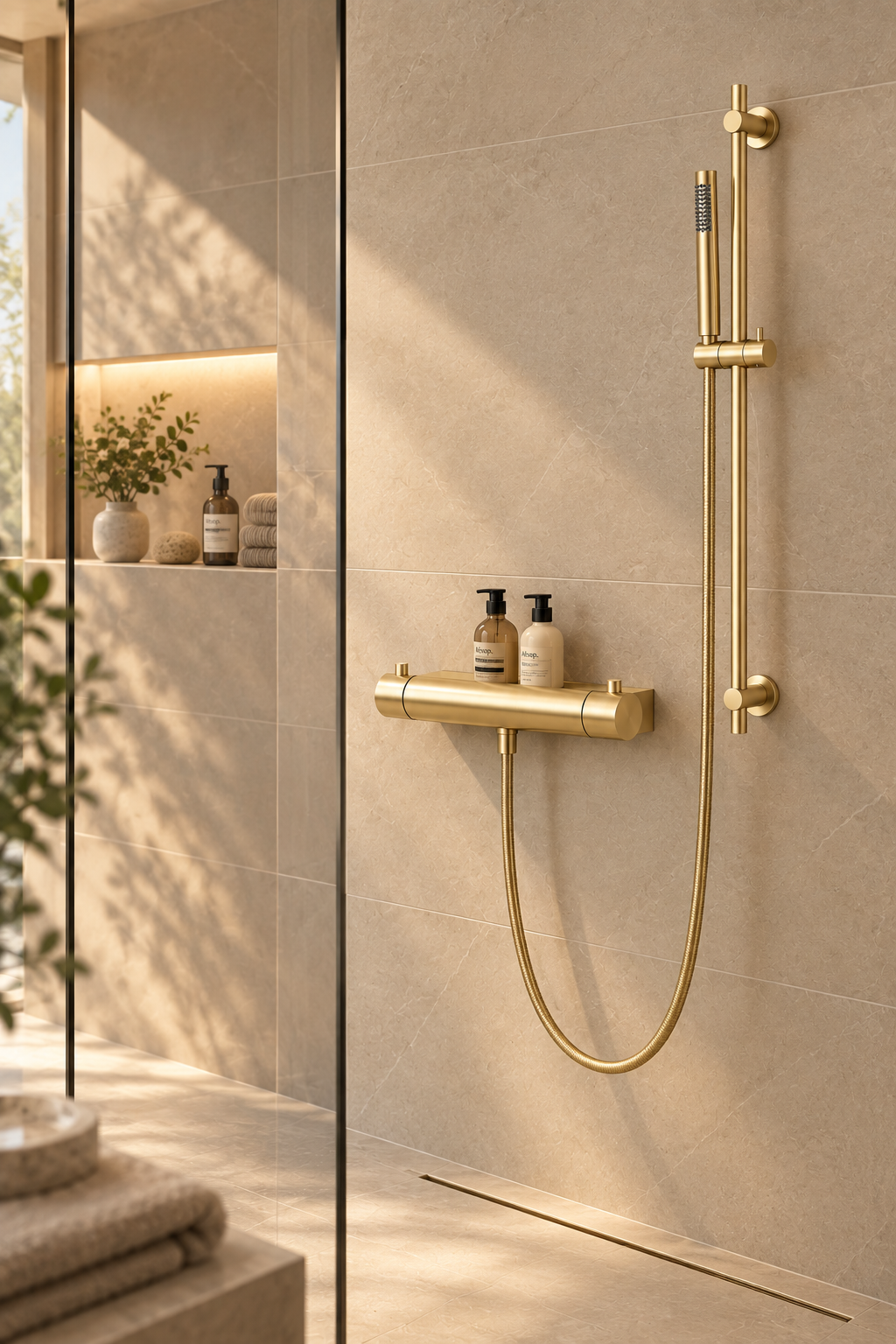 Regn thermostatische douchekraan met planchet en glijstang set geborsteld goud PVD