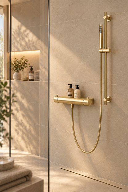 Regn thermostatische douchekraan met planchet en glijstang set geborsteld goud PVD
