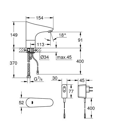 Grohe Europlus E Infrarood elektronische wastafelkraan zonder menging met 230 V AC adapter, Chroom